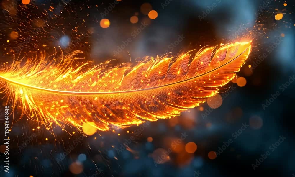 Poster glowing orange feather with sparkling particles against a dark blurred background, creating a magica