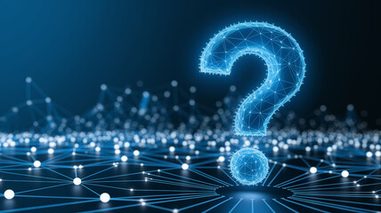 Blue glowing large question mark, polygonal style, above network nodes, symbolizes inquiry, problem-solving, digital mystery, data network
