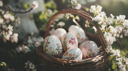 Easter still life with candles, basket of eggs and a cake wallpaper background. mocha mousse color. 