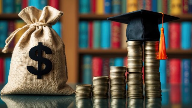 Tuition payment or expense associated with graduate study concept featuring a black graduation cap on stacks of coins, illustrating the fees imposed by educational institutions for instruction or s...