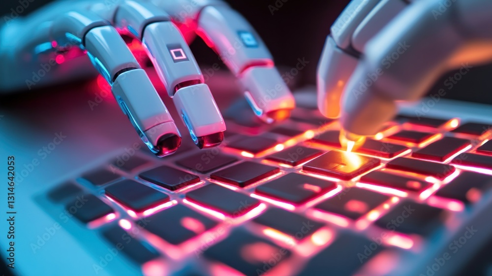 Poster robotic hands interacting with a glowing keyboard, highlighting technology and innovation.