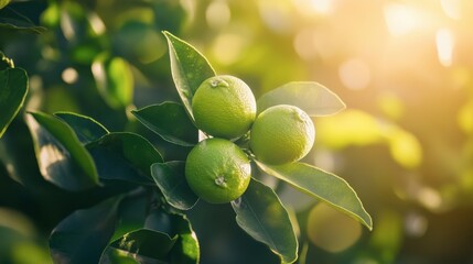 Obraz premium Lime tree with three unripe fruits, bright green leaves and soft sunlight illuminating the orchard