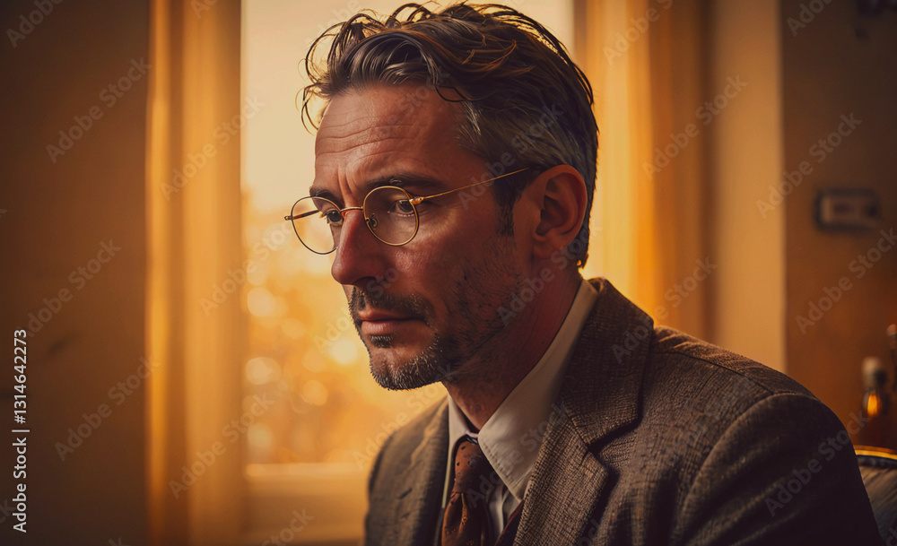 Poster man wearing glasses and a suit is sitting in a chair. he is looking at the camera