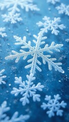 Close-up of intricate snowflake patterns on ice surface, winter, frozen, frost