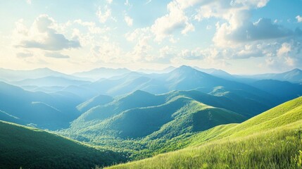 Fototapeta premium Panoramic mountain vista, sunlight, rolling hills, tranquil scenery