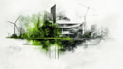 Futuristic eco friendly cityscape featuring modern skyscrapers wind turbines and solar panels showcasing sustainable urban development and renewable energy technologies