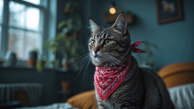 Cat indoors wearing a bandana.