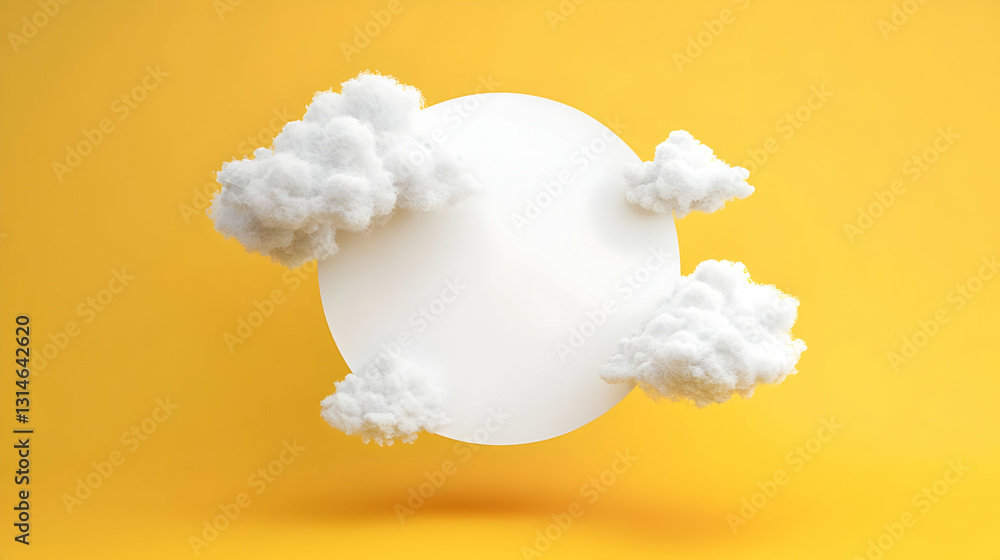 Poster white circle surrounded by fluffy white clouds against a bright yellow background in a 3d render min
