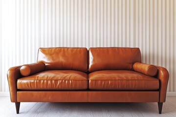 Uncluttered ambiance with espresso wall and caramel sofa.