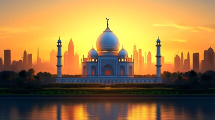 Taj Mahal at sunset with modern city in the background with reflection in the water