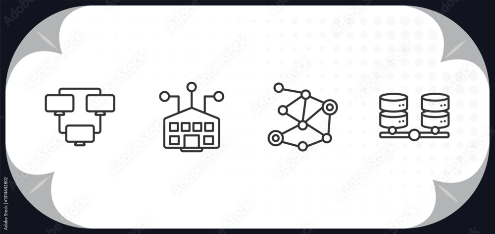 Poster outline icons set - networking concept. continuous line, school network, distribute, balancing data.