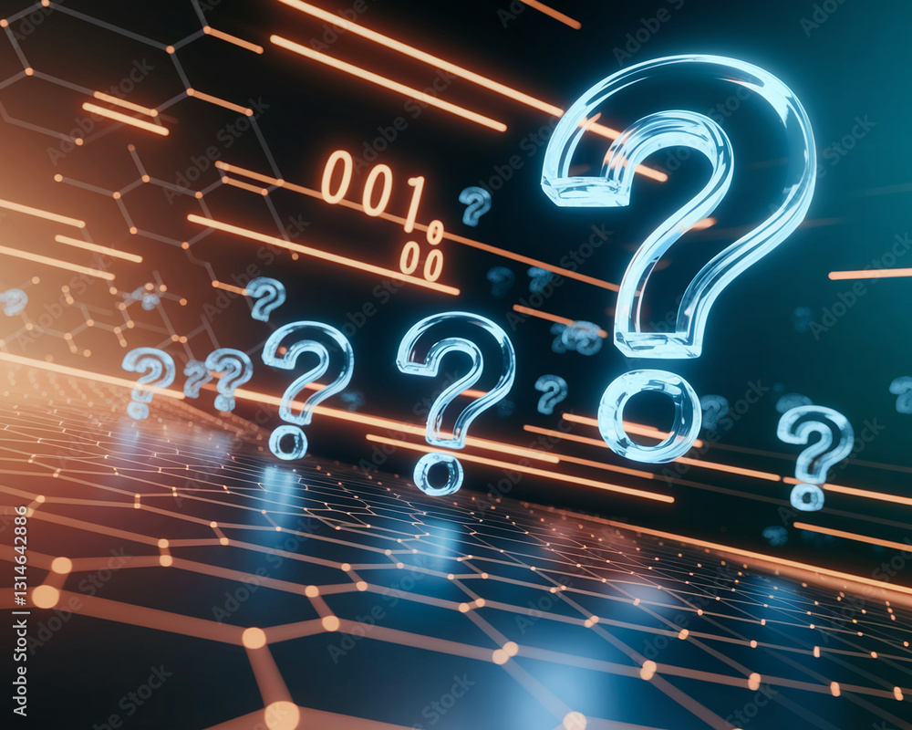 Poster Glowing blue large question marks float over a dark grid, orange lines streak across, suggesting uncertainty, inquiry, or problem-solving in a digital or technological context