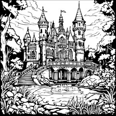 gothic house, city, town, vector, building, illustration, cartoon, street, architecture, castle, old, home, urban, design, art, sketch, drawing, travel, vintage, tree, europe, seamless, village, roof,