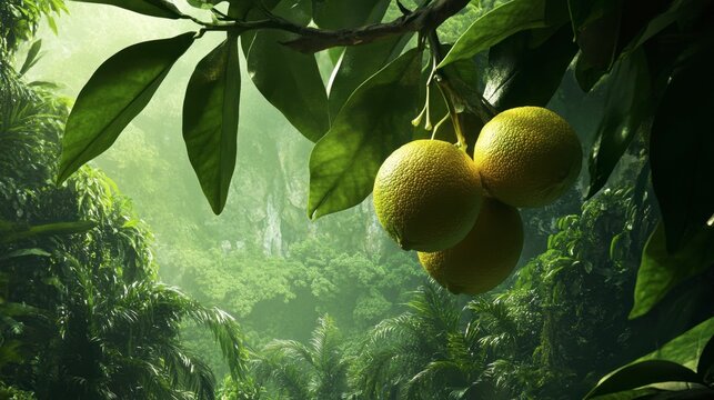 Lush organic lime tree in Thailand with three fruits hanging from a branch, tropical garden scene