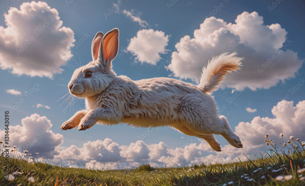 Poster White rabbit is flying through the sky. The sky is filled with clouds, and the rabbit is the only thing visible. Scene is lighthearted and playful, as the rabbit is depicted as having the ability to