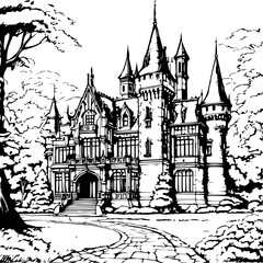 Obraz premium gothic house, city, town, vector, building, illustration, cartoon, street, architecture, castle, old, home, urban, design, art, sketch, drawing, travel, vintage, tree, europe, seamless, village, roof,