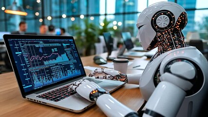 A sleek humanoid robot sitting at a modern office desk, typing on a laptop with glowing keys, surrounded by papers, coffee mugs, and monitors displaying data analytics, symbolizing