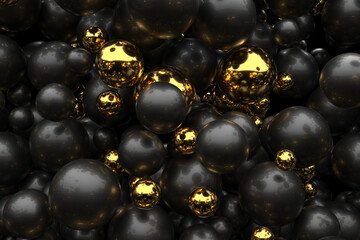 Abstract composition of black and gold spheres. 3d render.