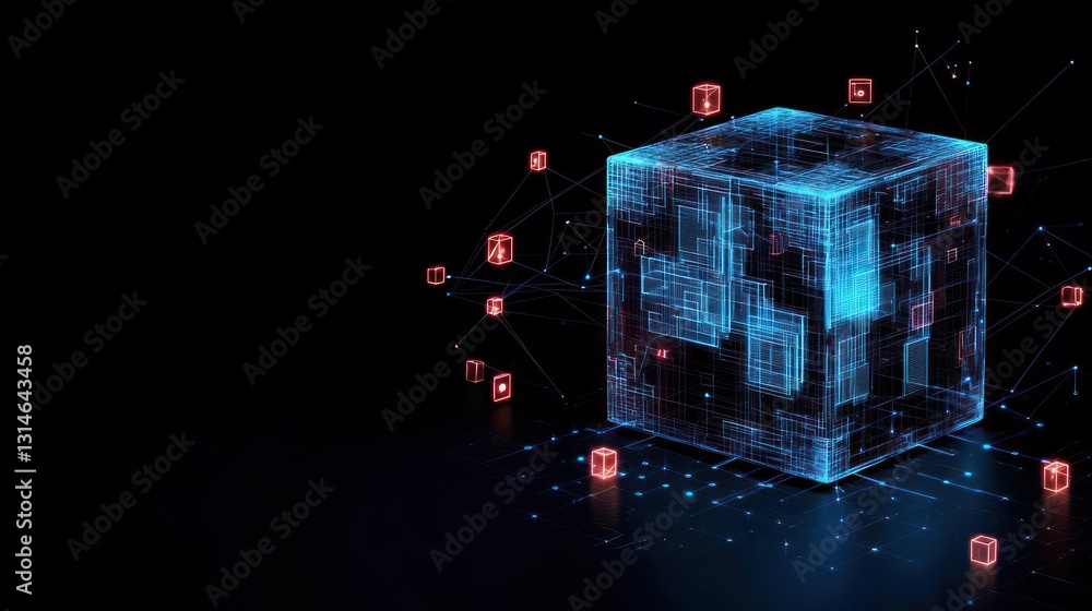 Poster blue digital data cube connected with red cubes in black background representing technological advan