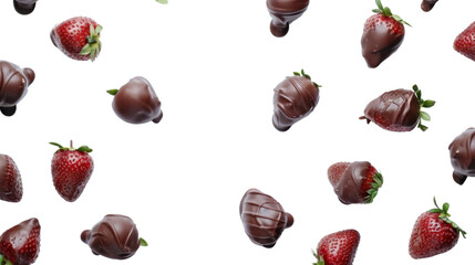Chocolate covered strawberries falling on transparent background