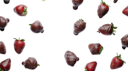 Chocolate covered strawberries falling on transparent background