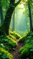 Fototapeta premium Soft mossy forest landscape with wavy green foliage and subtle texture, moss, organic