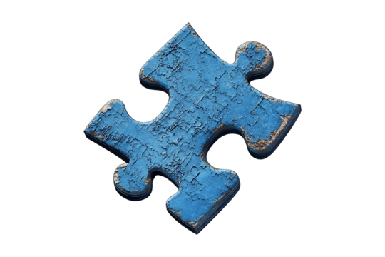 A blue textured puzzle piece with a rough surface Isolated on White and Transparent Background PNG Image.