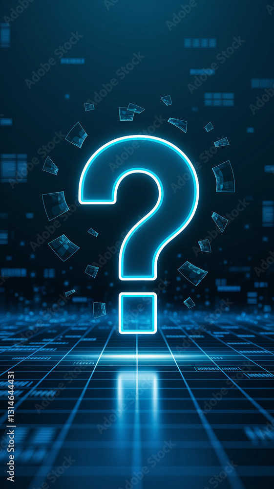 Poster Glowing blue large question mark on dark digital grid background, surrounded by fragmented data pieces, symbolizing inquiry, uncertainty, or data analysis