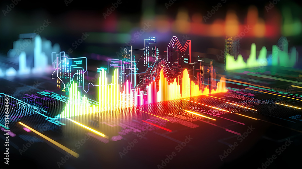 Poster vibrant 3d visualization of city skyline with colorful data streams and glowing lines in dark futuri