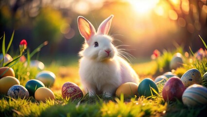 Fototapeta premium Fluffy White Bunny Sitting on Soft Grass Among Colorful Easter Eggs