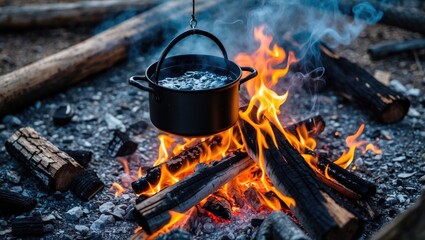 Camping. Heating water in a mess tin (pot) over a campfire.