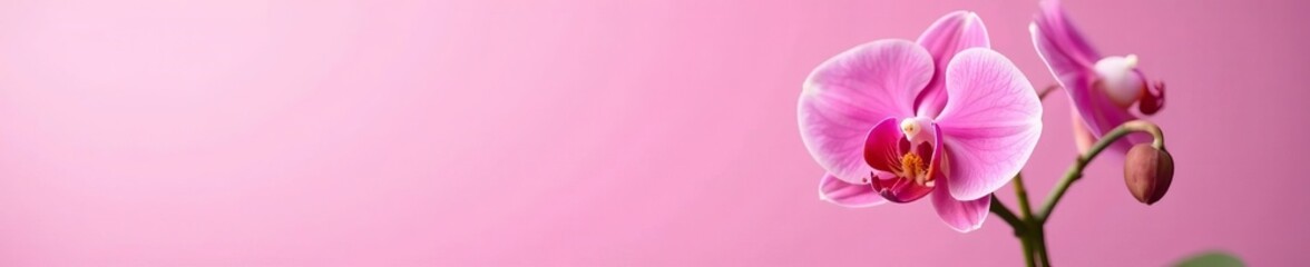 Close-up of mini orchid plant with vibrant pink blooms against pastel pink backdrop, floral, decoration, color