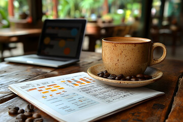 Coffee and laptop on wooden table