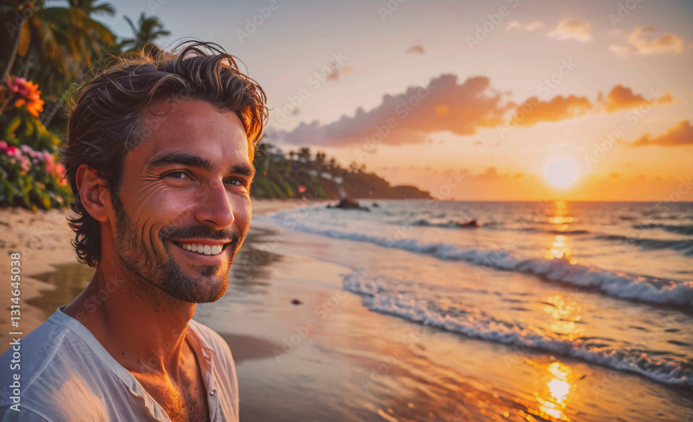 Aufkleber Man with a beard and a smile is standing on a beach with the sun setting in the background