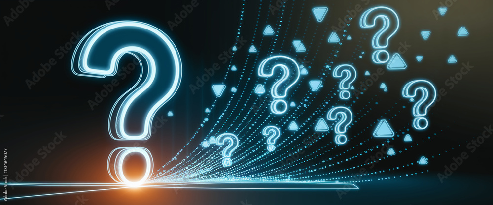 Poster glowing blue large question marks emanate from a central point, symbolizing inquiry, uncertainty, an