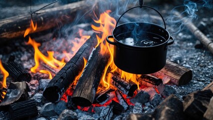 Camping. Heating water in a mess tin (pot) over a campfire.