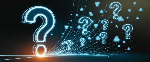 Glowing blue large question marks emanate from a central point, symbolizing inquiry, uncertainty, and the search for knowledge or answers, ideal for educational or technological concepts