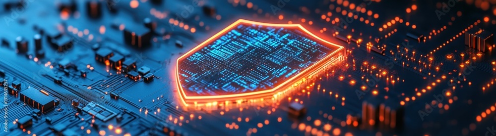 Poster abstract representation of cybersecurity with a glowing shield over a microchip, illustrating digita