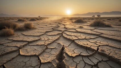 Canal in the middle of agricultural land parched by drought and heatwave during prolonged drought conditions.