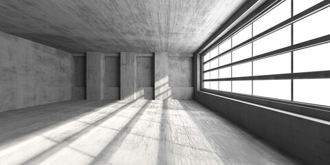Modern industrial interior design with large windows and concrete walls. 3d render