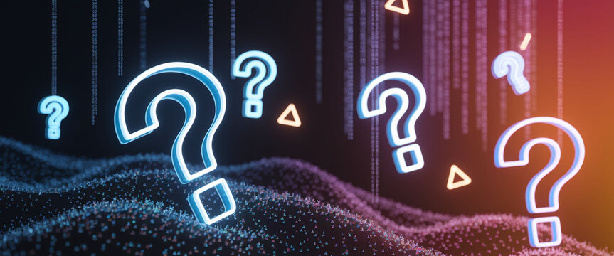 Glowing neon large question marks hover over a dark, particle-filled landscape, symbolizing inquiry, uncertainty, and the search for knowledge in a digital world