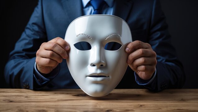 Businessman presenting a white mask