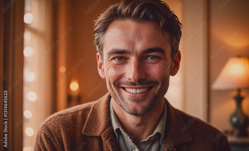 Poster Man with a smile on his face is sitting in a room with a lamp and candles. Scene is warm and inviting