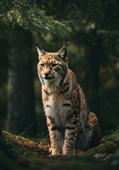 Fototapeta premium Majestic Eurasian Lynx Standing in a Dense Forest With Piercing Eyes.