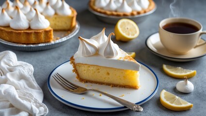 A homemade lemon cake slice with toasted peaks on a plate, accompanied by a cup of tea. The scene portrays a cozy dessert moment ideal for relaxation.