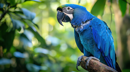 Majestic blue macaw perched in lush rainforest wildlife photography vibrant natural habitat close-up perspective nature's beauty