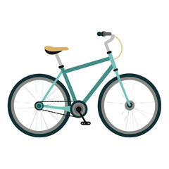 Fototapeta premium A teal single speed bicycle with tan seat and dark grey tires is shown in profile view against a white background
