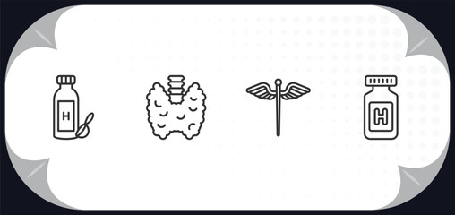 outline icons set - medical concept. syrup medicine bottle, thyroid gland, caduceus, pills jar.