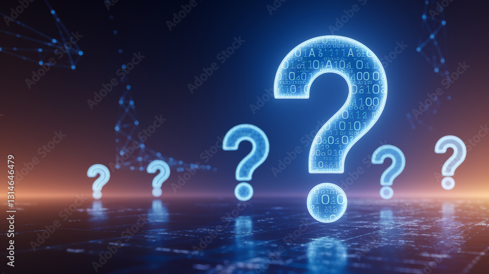 Poster Glowing blue large question marks with binary code, on a dark background, symbolizing digital inquiry, uncertainty, or problem-solving