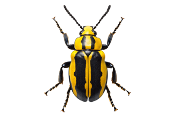 A close-up of a yellow and black beetle Isolated on White and Transparent Background PNG Image.